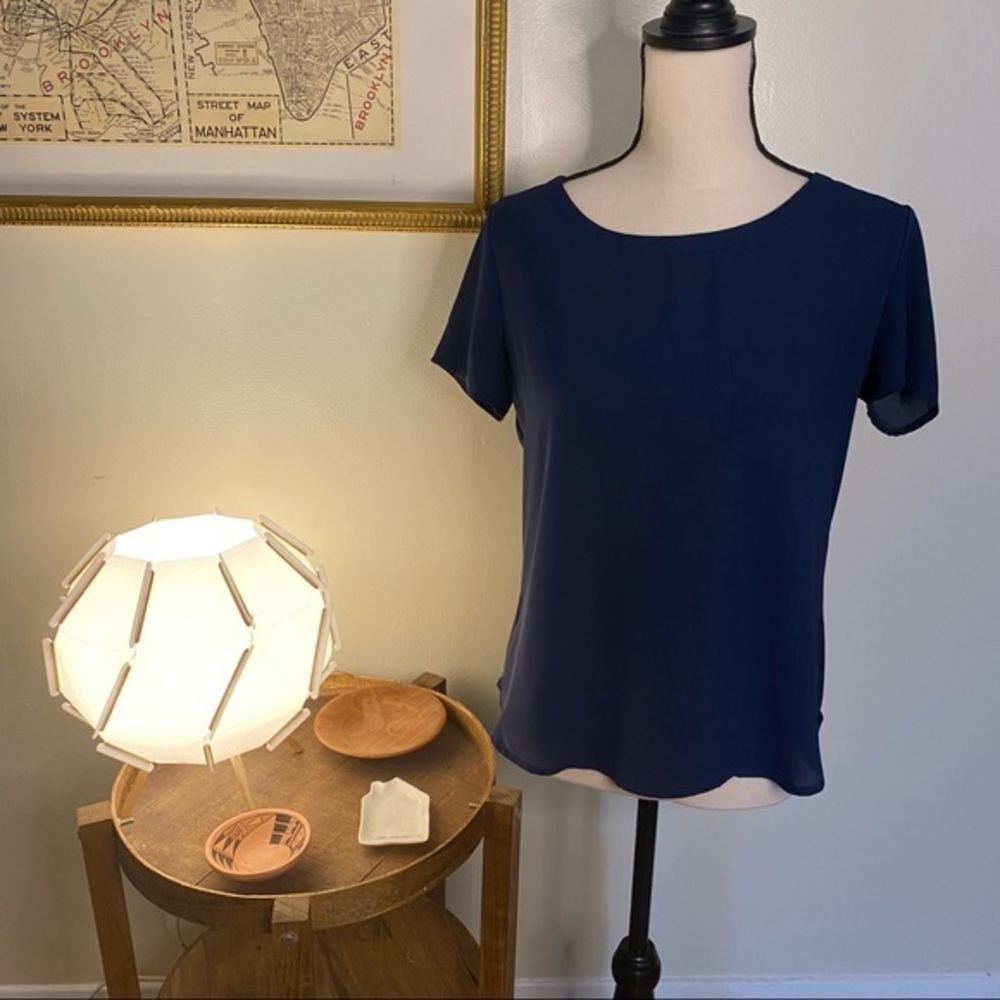 Pleione High Low Navy Pocket Short‎ Sleeve Blouse Top Size Small